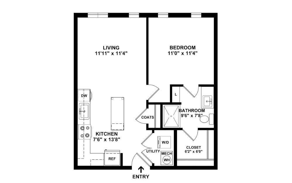 The Bustle - 1 bedroom floorplan layout with 1 bathroom and 623 square feet (2D)