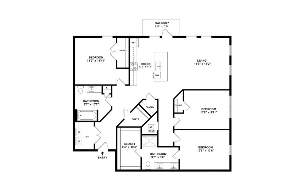 The Candelabra - 3 bedroom floorplan layout with 2 bathrooms and 1347 square feet (2D)