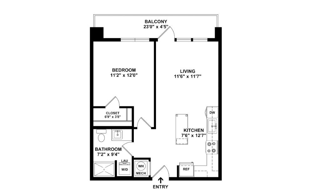 The Carmen - 1 bedroom floorplan layout with 1 bathroom and 626 square feet (2D)