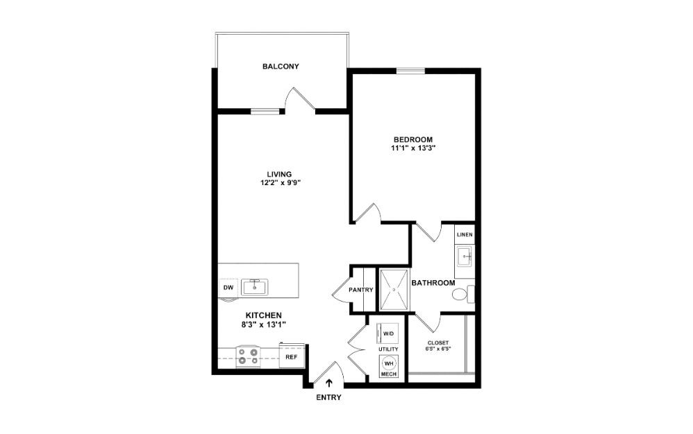 The Carriage - 1 bedroom floorplan layout with 1 bathroom and 651 square feet (2D)