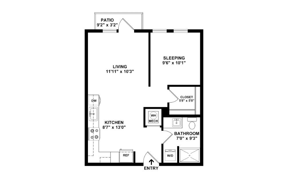 The Chaise - Studio floorplan layout with 1 bathroom and 585 square feet (2D)