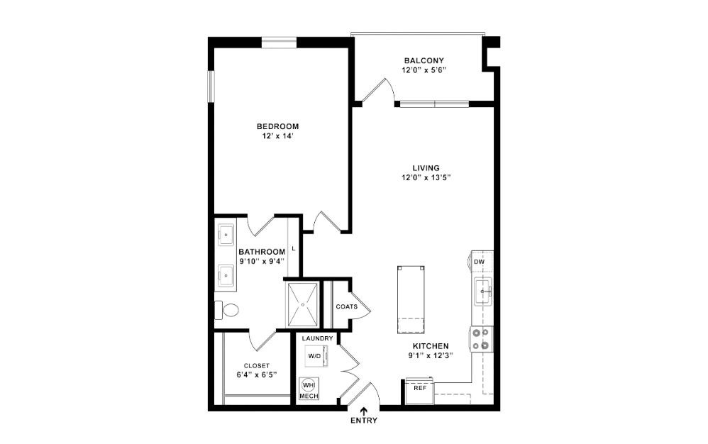 The Charleston - 1 bedroom floorplan layout with 1 bathroom and 658 square feet (2D)