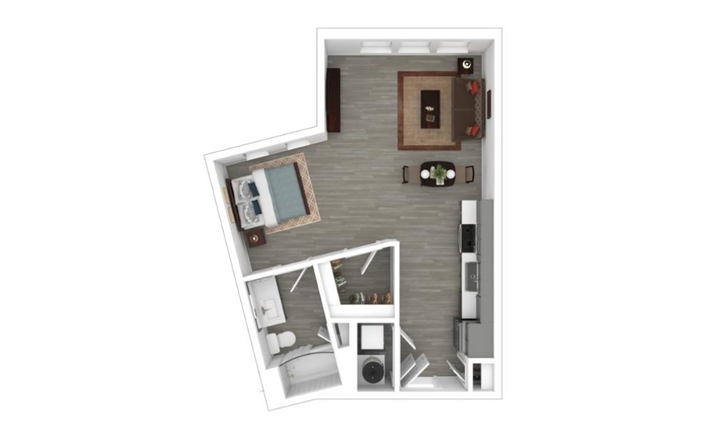 The Chignon - Studio floorplan layout with 1 bathroom and 620 square feet (3D)