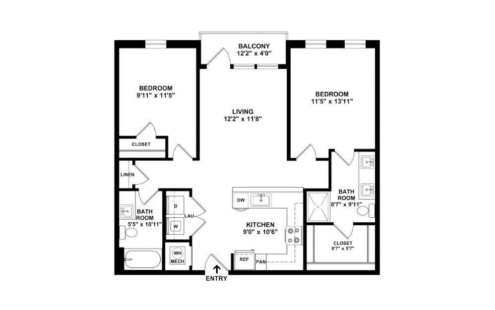 The Cogwheel - 2 bedroom floorplan layout with 2 bathrooms and 976 square feet (2D)