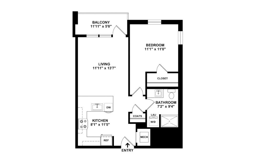 The Dazzle - 1 bedroom floorplan layout with 1 bathroom and 630 square feet (2D)