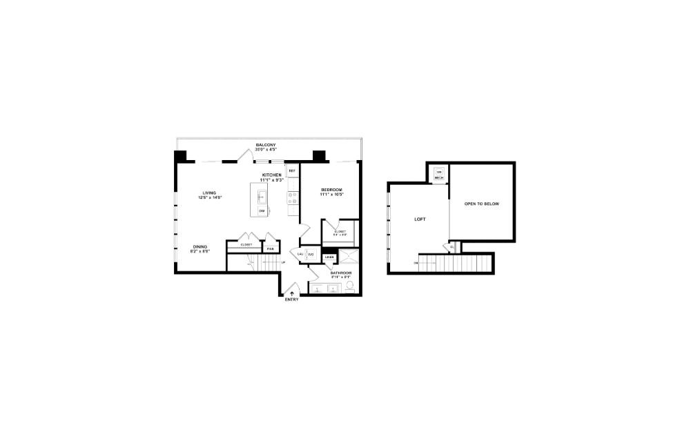 The Emerald - 1 bedroom floorplan layout with 1 bathroom and 1061 square feet (2D)