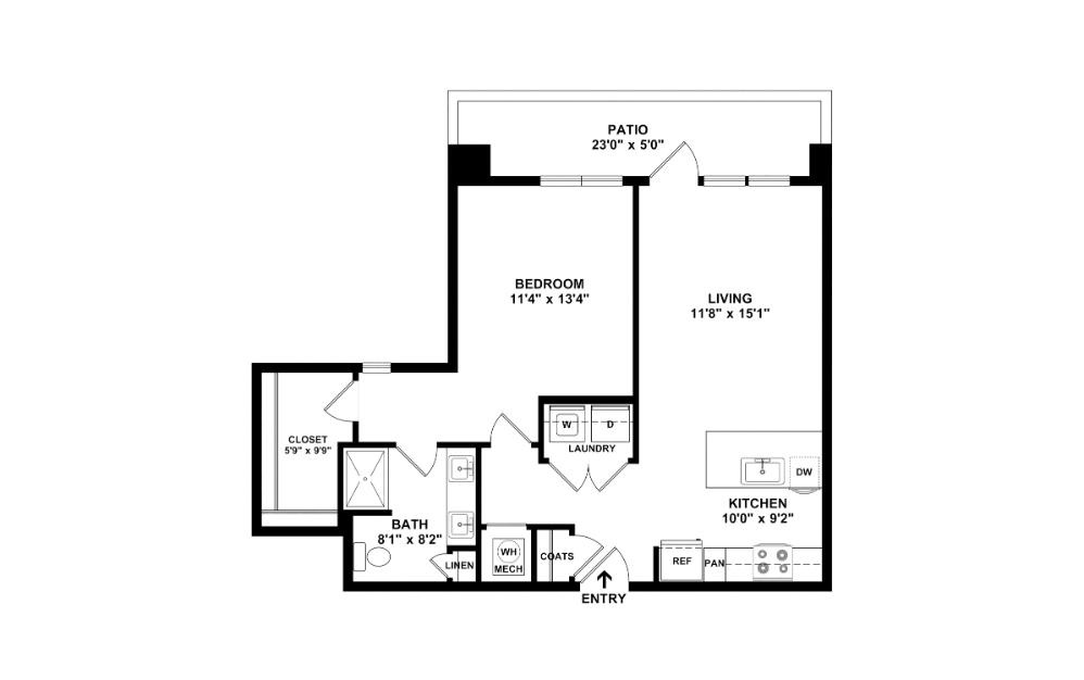 The Flapper - 1 bedroom floorplan layout with 1 bathroom and 776 square feet (2D)