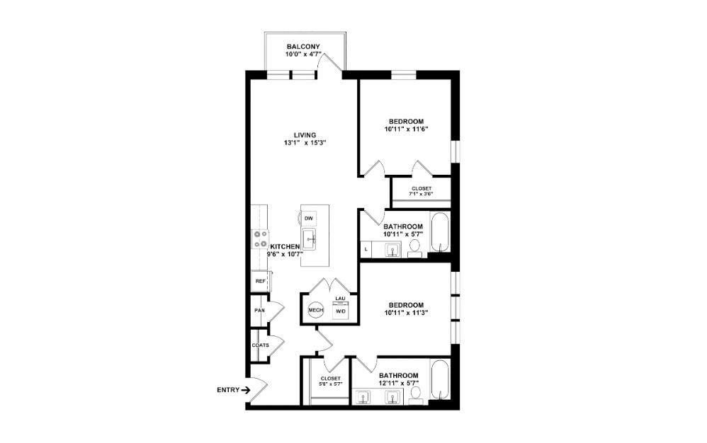 The Fortune - 2 bedroom floorplan layout with 2 bathrooms and 998 square feet (2D)