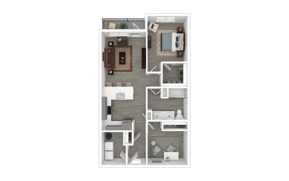 The Gatsby II - 1 bedroom floorplan layout with 1 bathroom and 889 square feet (3D)