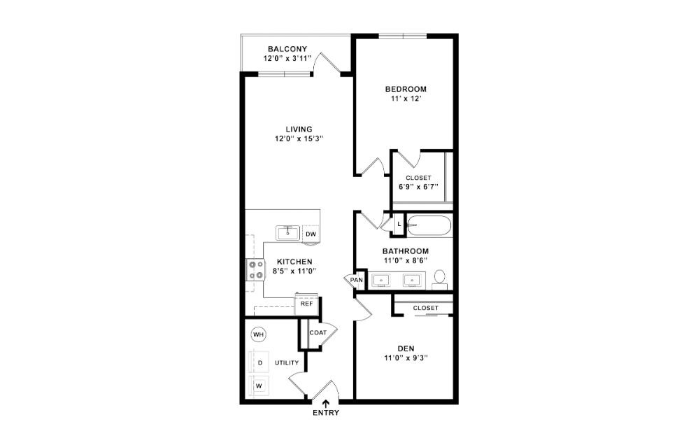 The Gatsby - 1 bedroom floorplan layout with 1 bathroom and 889 square feet (2D)