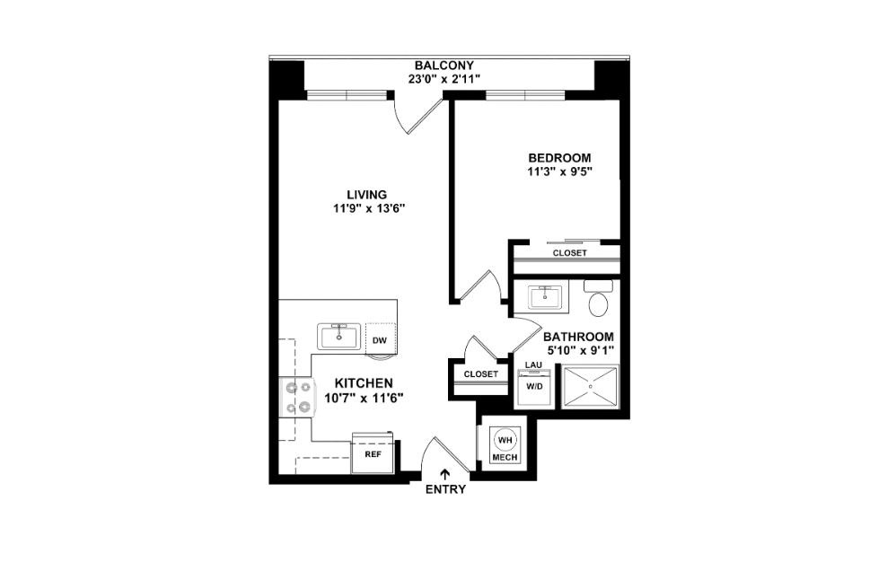 The Glamour - 1 bedroom floorplan layout with 1 bathroom and 592 square feet (2D)