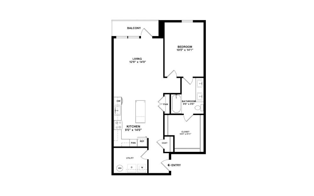 The Harlem - 1 bedroom floorplan layout with 1 bathroom and 685 square feet (2D)