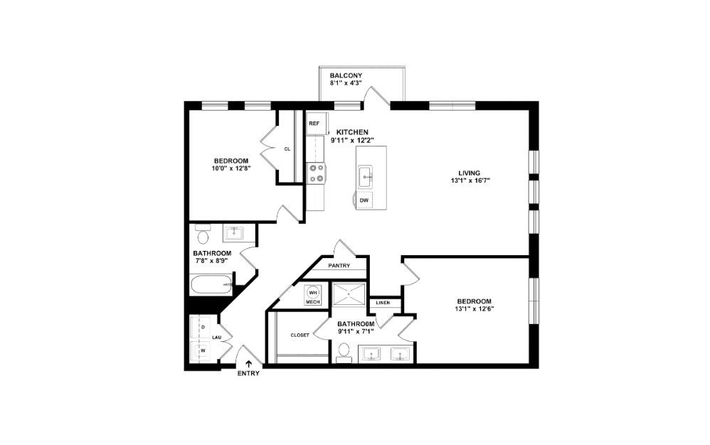 The Herron - 2 bedroom floorplan layout with 2 bathrooms and 1200 square feet (2D)