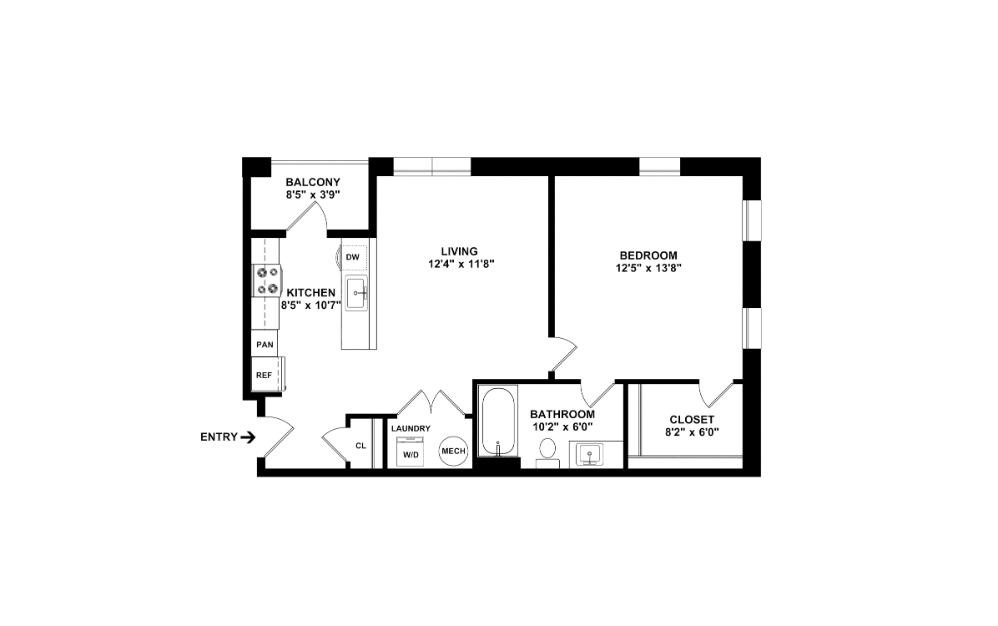 The Luxe II - 1 bedroom floorplan layout with 1 bathroom and 663 square feet (2D)