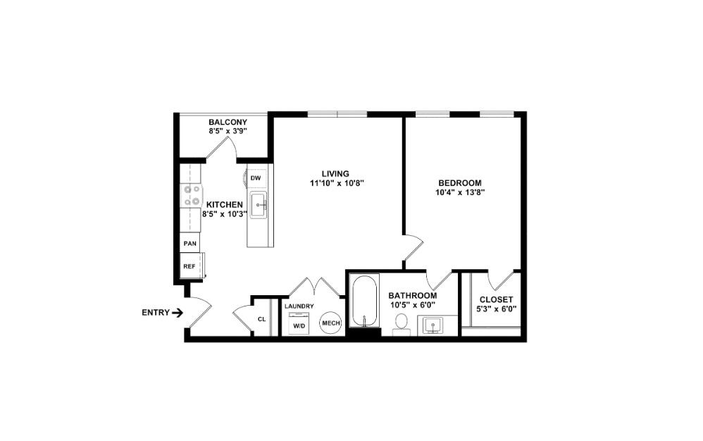 The Luxe - 1 bedroom floorplan layout with 1 bathroom and 611 square feet (2D)