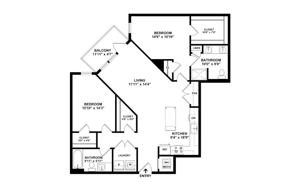 The Morton - 2 bedroom floorplan layout with 2 bathrooms and 1212 square feet (2D)