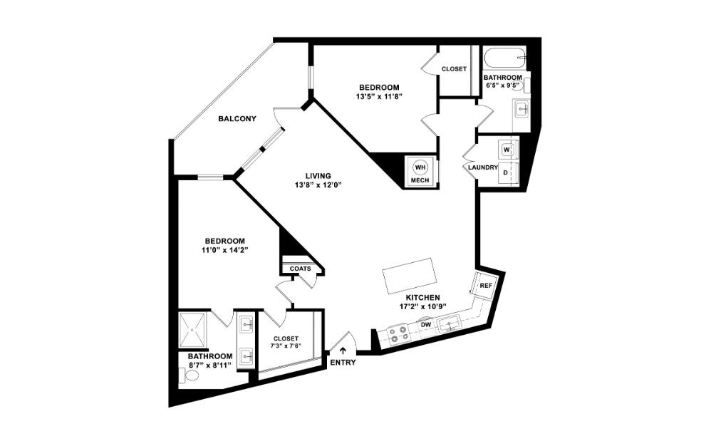 The Opulent - 2 bedroom floorplan layout with 2 bathrooms and 1110 square feet (2D)