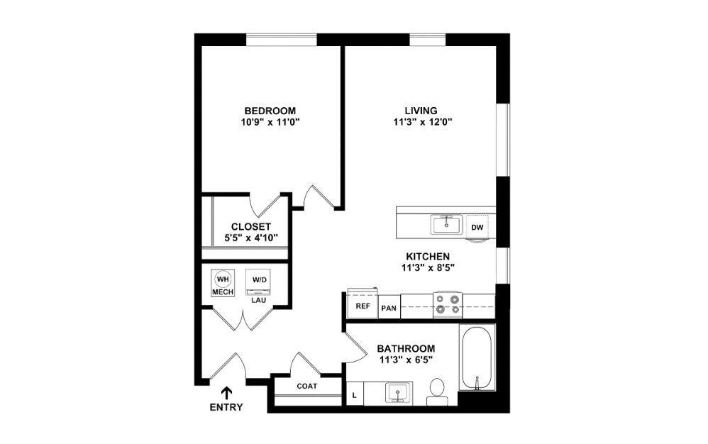 The Parasol - 1 bedroom floorplan layout with 1 bathroom and 629 square feet (2D)