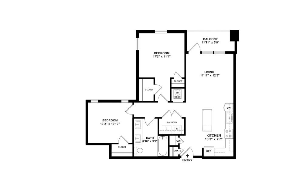 The Presto - 2 bedroom floorplan layout with 1 bathroom and 835 square feet (2D)