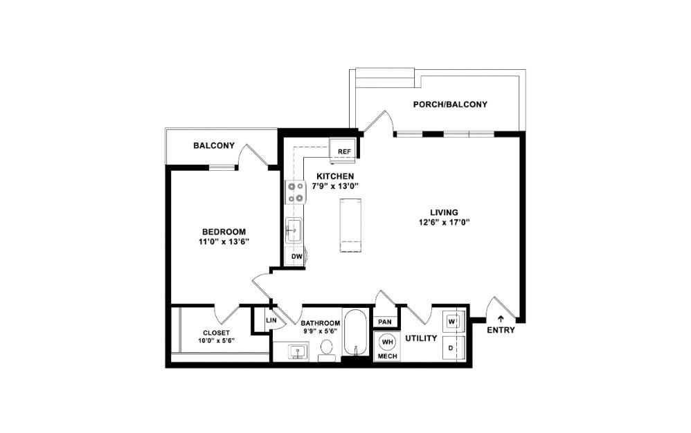 The Riviera - 1 bedroom floorplan layout with 1 bathroom and 789 square feet (2D)