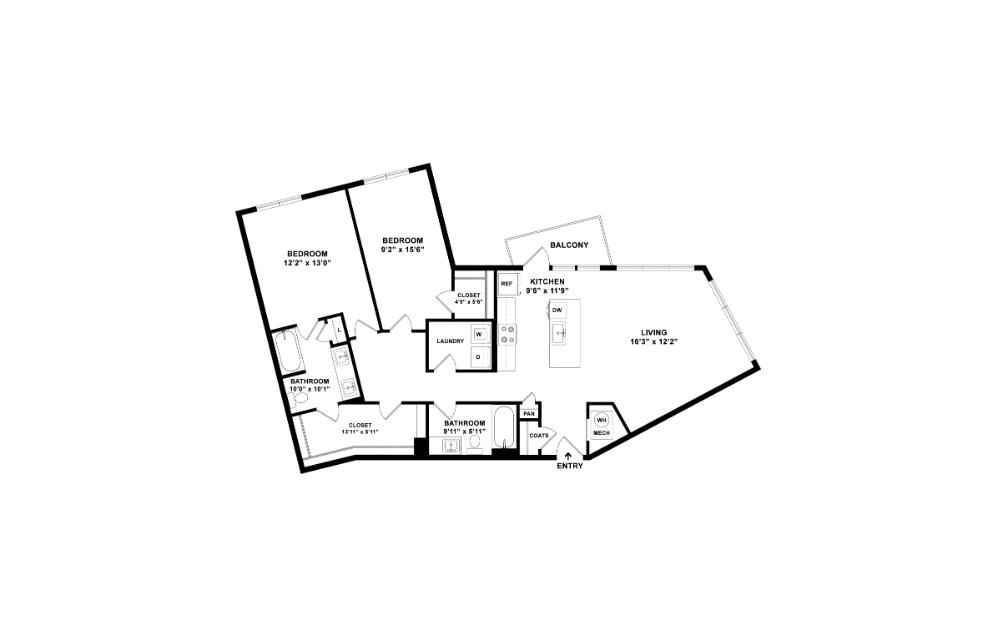 The Steampunk - 2 bedroom floorplan layout with 2 bathrooms and 1254 square feet (2D)