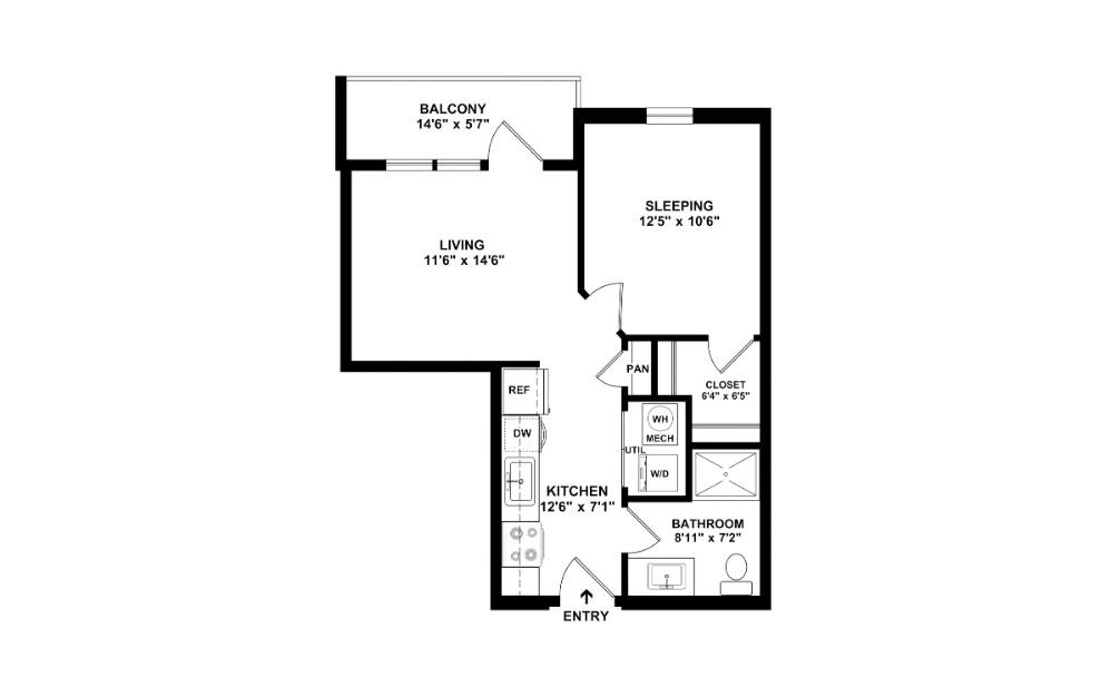 The Taffeta - 1 bedroom floorplan layout with 1 bathroom and 566 square feet (2D)