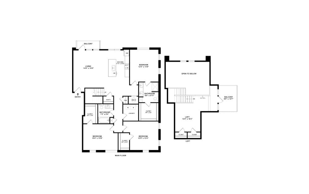 The Taflinger - 3 bedroom floorplan layout with 2 bathrooms and 2065 square feet (2D)