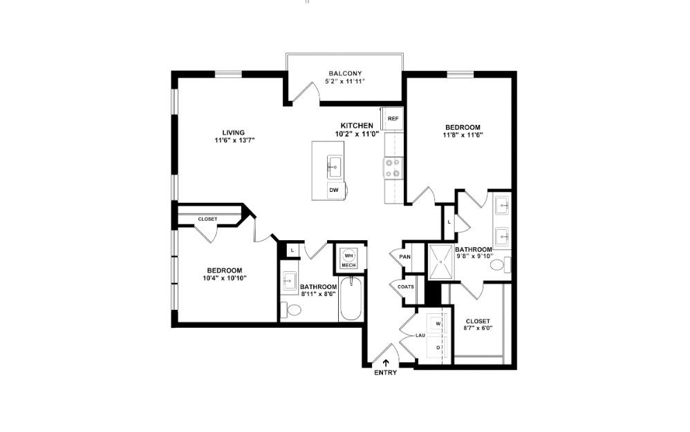 The Sapphire - 2 bedroom floorplan layout with 2 bathrooms and 995 square feet (2D)