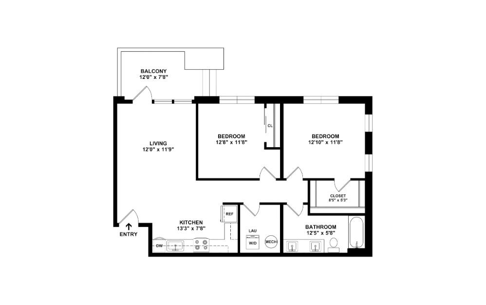 The Vintage - 2 bedroom floorplan layout with 1 bathroom and 886 square feet (2D)