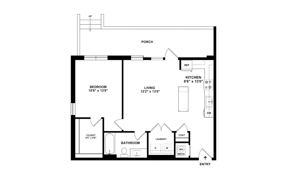 The Whitcomb II - 1 bedroom floorplan layout with 1 bathroom and 740 square feet (2D)