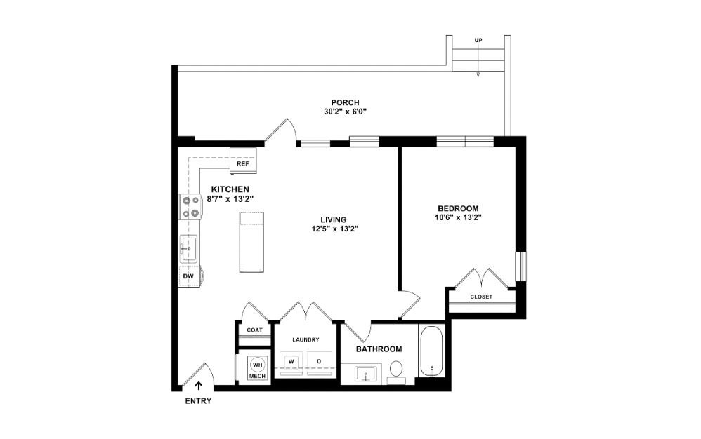 The Whitcomb - 1 bedroom floorplan layout with 1 bathroom and 690 square feet (2D)